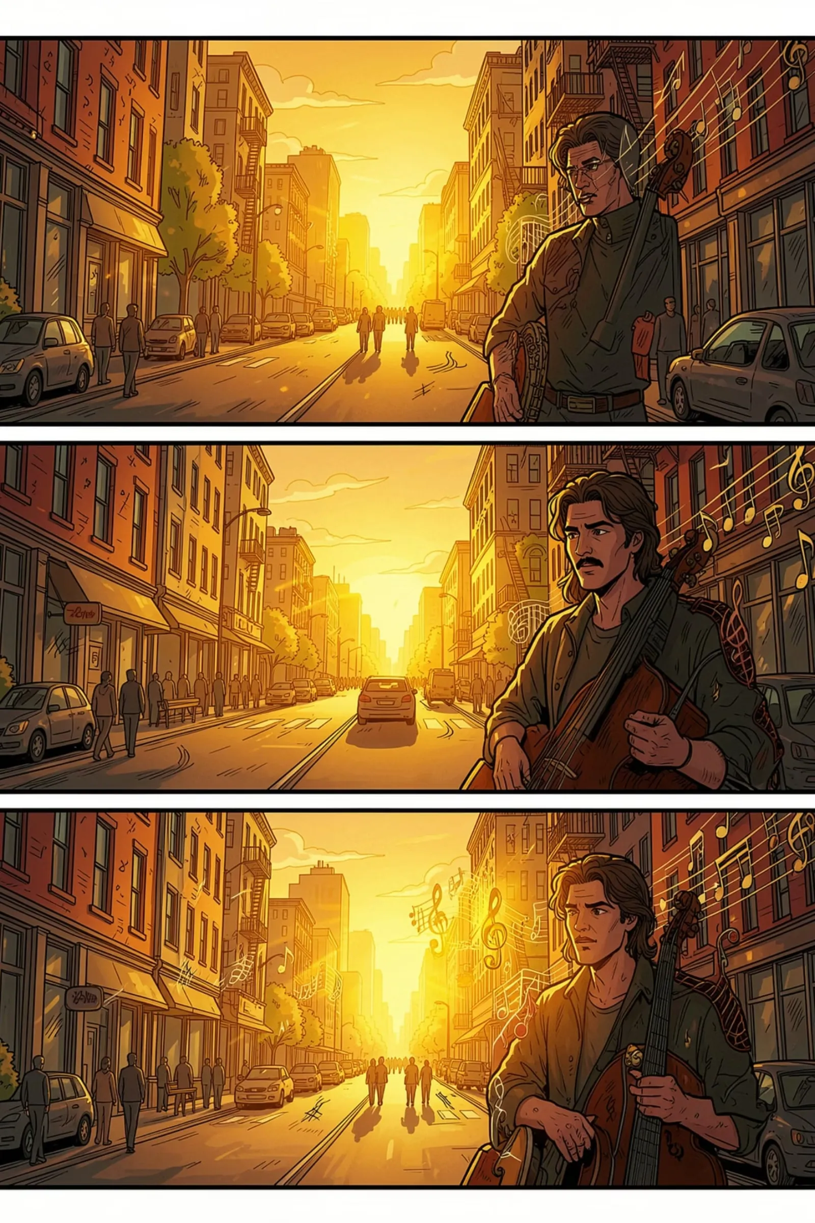 Storyboard of one day in three acts, stacked top to bottom: morning, daytime and evening.