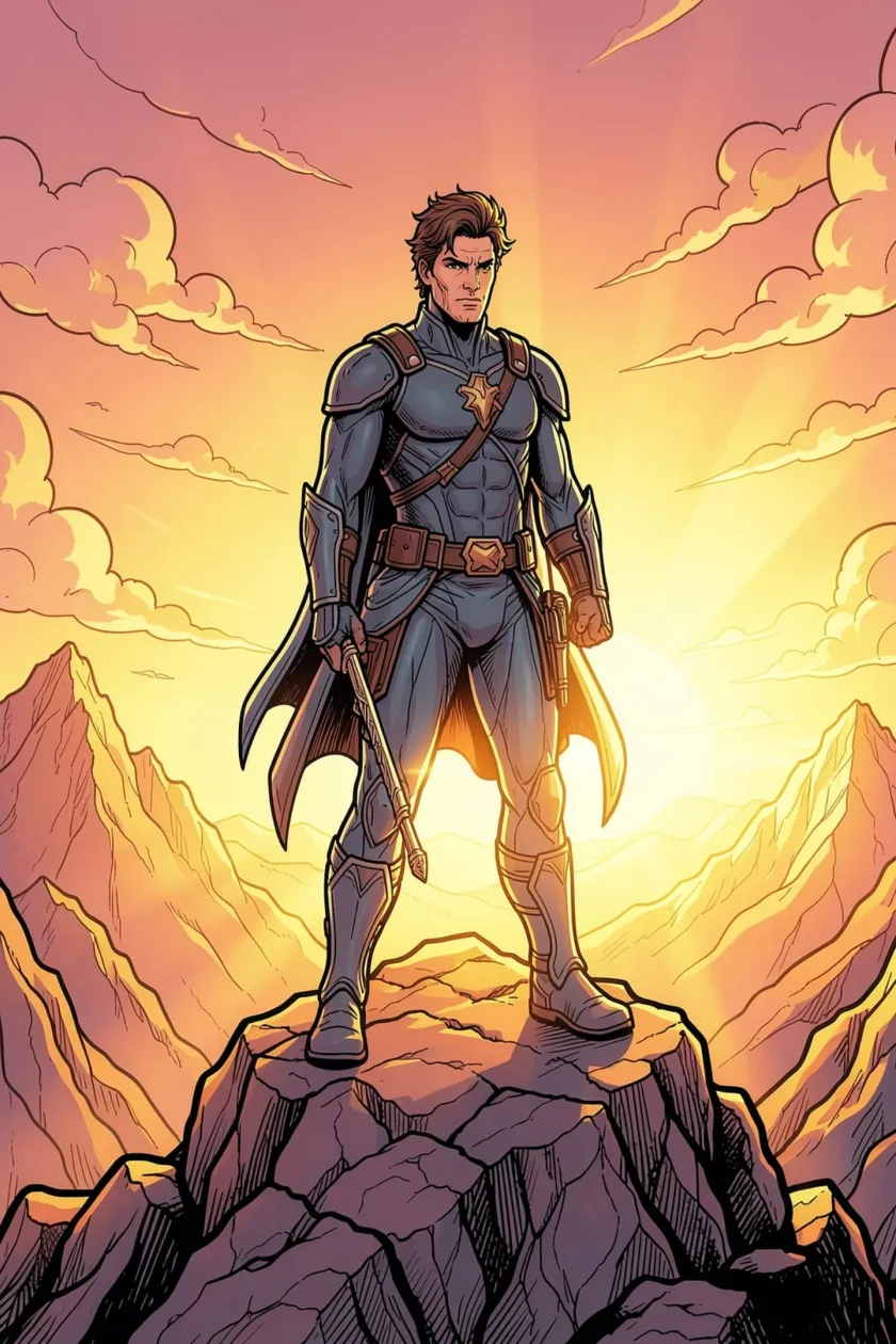 A hero standing at the peak at dawn, the day just breaking.